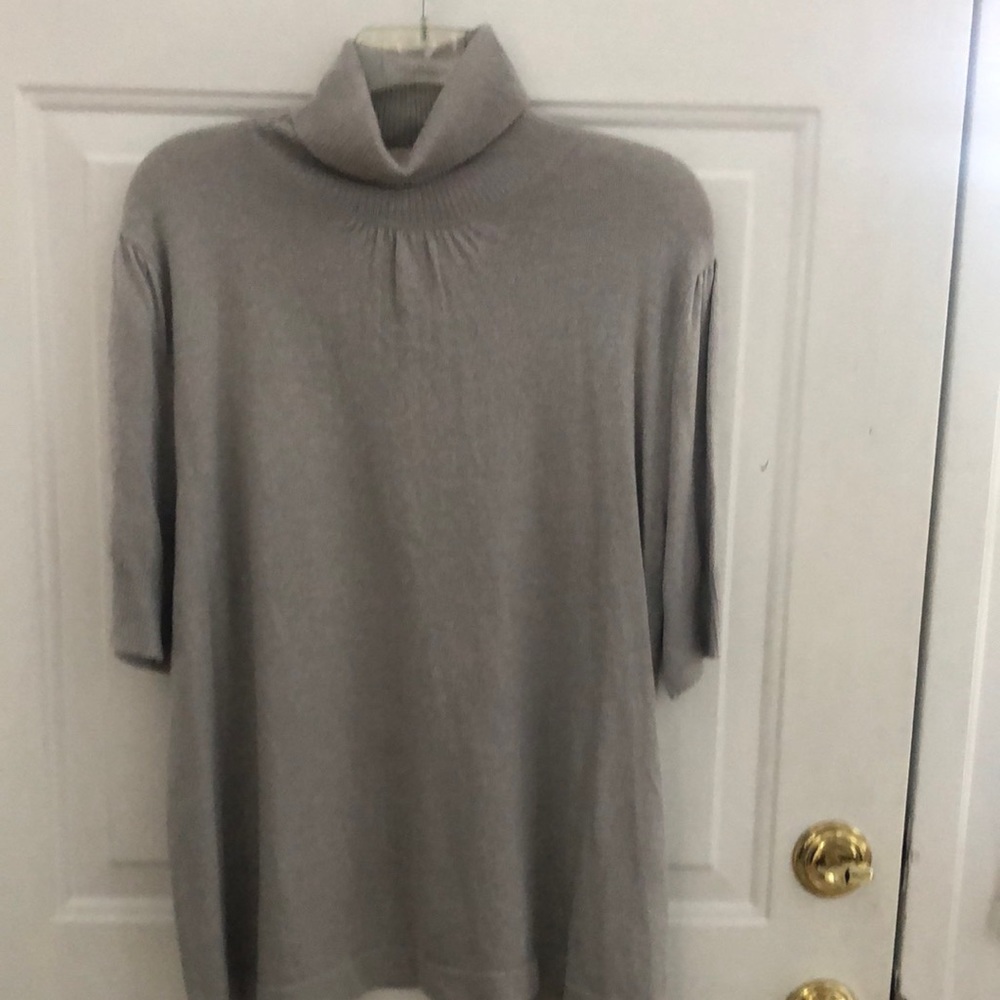 Short sleeve rayon, polyester, metallic and spandex blend turtleneck
